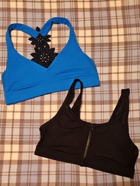 aerie Blue & Black Lace-Back and Zip-Front Sports Bras